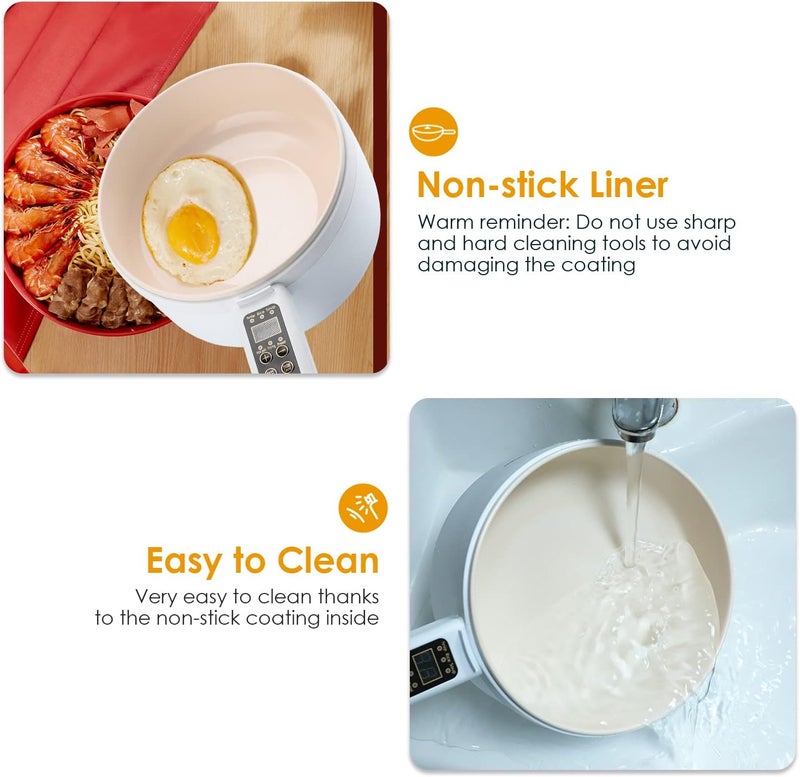 NICAI Kitchen وعاء كهربائي ساخن، 1.8 لتر طباخ بخاري كهربائي، مقلاة غير لاصقة متعددة الوظائف، مناسبة للرامن، الستيك، البيض، الأرز، الشوفان، الحساء زر ذكي، ذهبي - Image 5